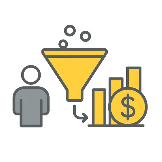 Marketing sales funnel diagram showing awareness, consideration, decision, and retention stages with conversion rates