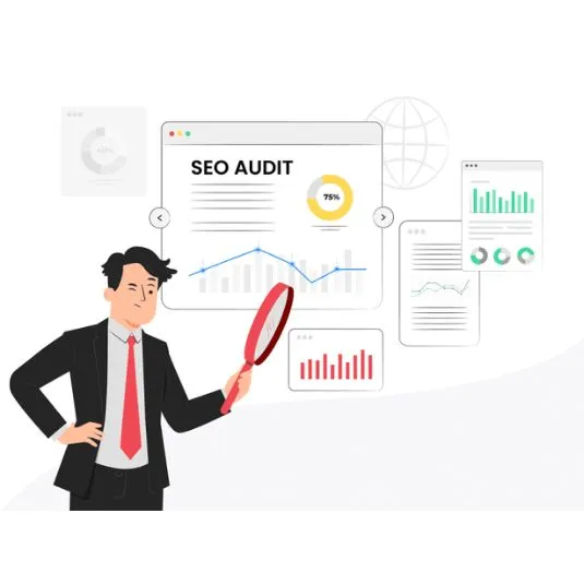 Step-by-step SEO audit dashboard showing site health, technical errors, content gaps, and backlink issues