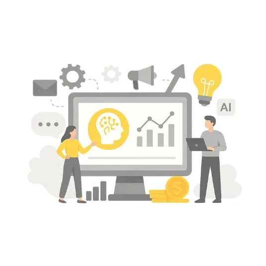 AI-assisted marketing stack diagram with content, ads, analytics, and CRM tools connected through automations