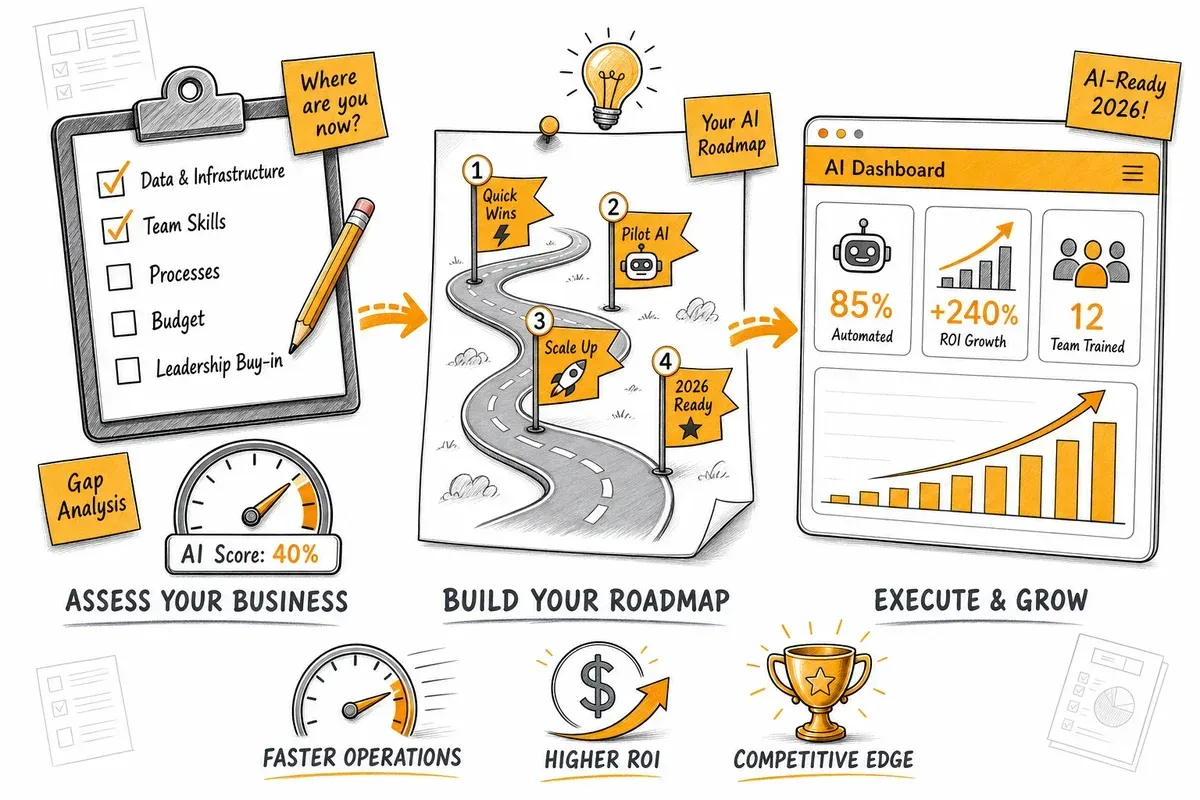 AI readiness assessment framework showing three steps: assess your business, build your roadmap, and execute and grow