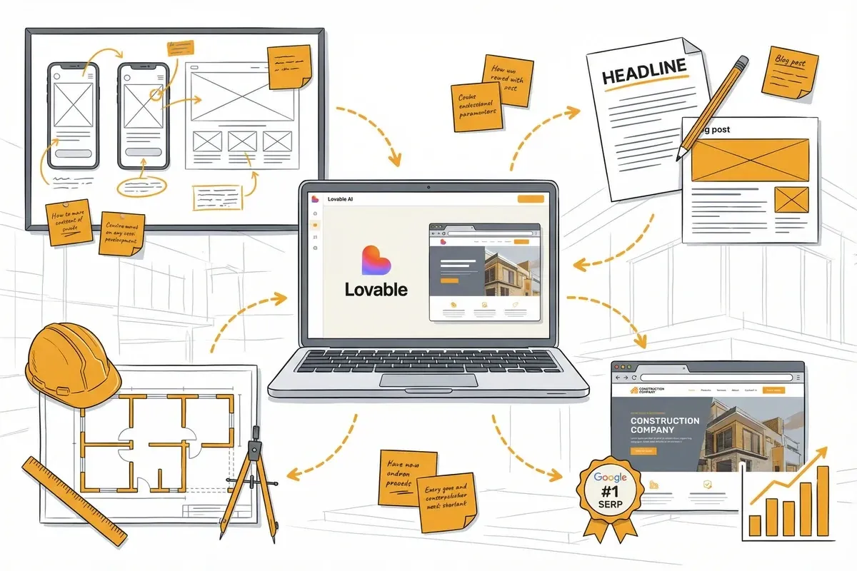 Website design for construction companies workflow combining Lovable, UX writing, and section by section prompting