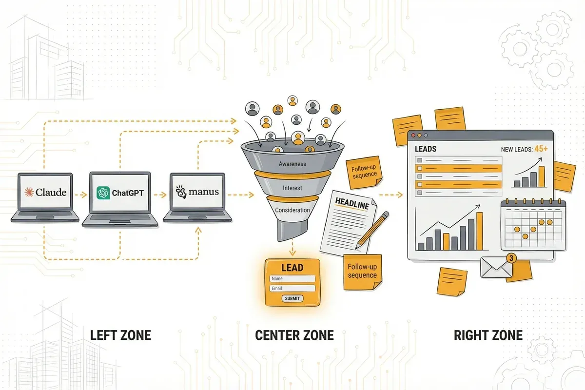 AI lead generation workflow showing Claude, AI chat tools and Manus connecting to a conversion funnel and lead dashboard